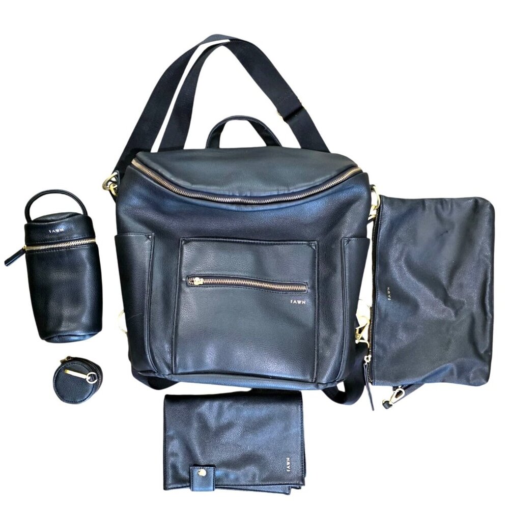 Fawn Design Black Leather Convertible Baby Bag Set